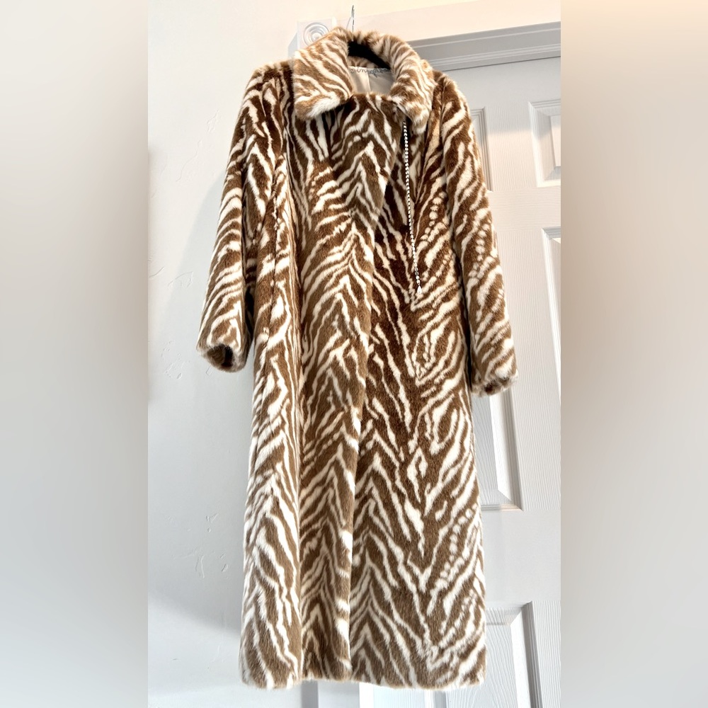 Gorsuch faux brown zebra fur long coat 14/XL
